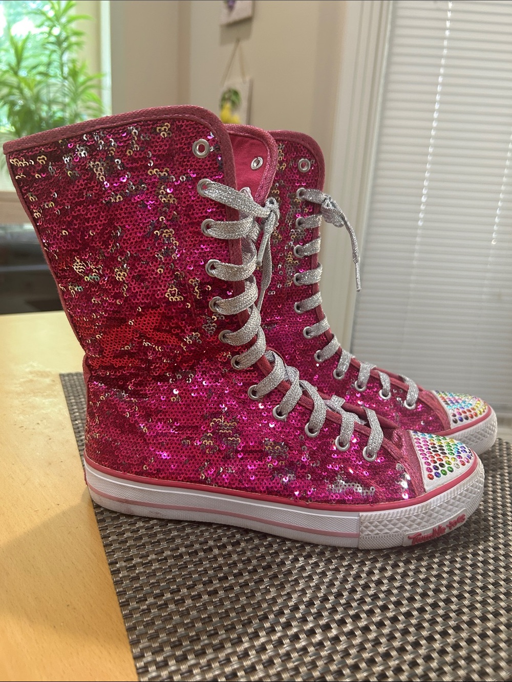 Skechers Hot Pink Sequin High-Top Sneakers with Silver Laces